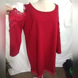 Rose Gal lace long sleeve, cut-out Shoulder, tassels, knee Lngth dress, 1X/16